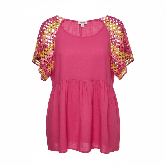 Umgee Tops - Umgee Linen Crochet Sleeve Top Boho Peasant Pink Medium Festival Artsy Coastal